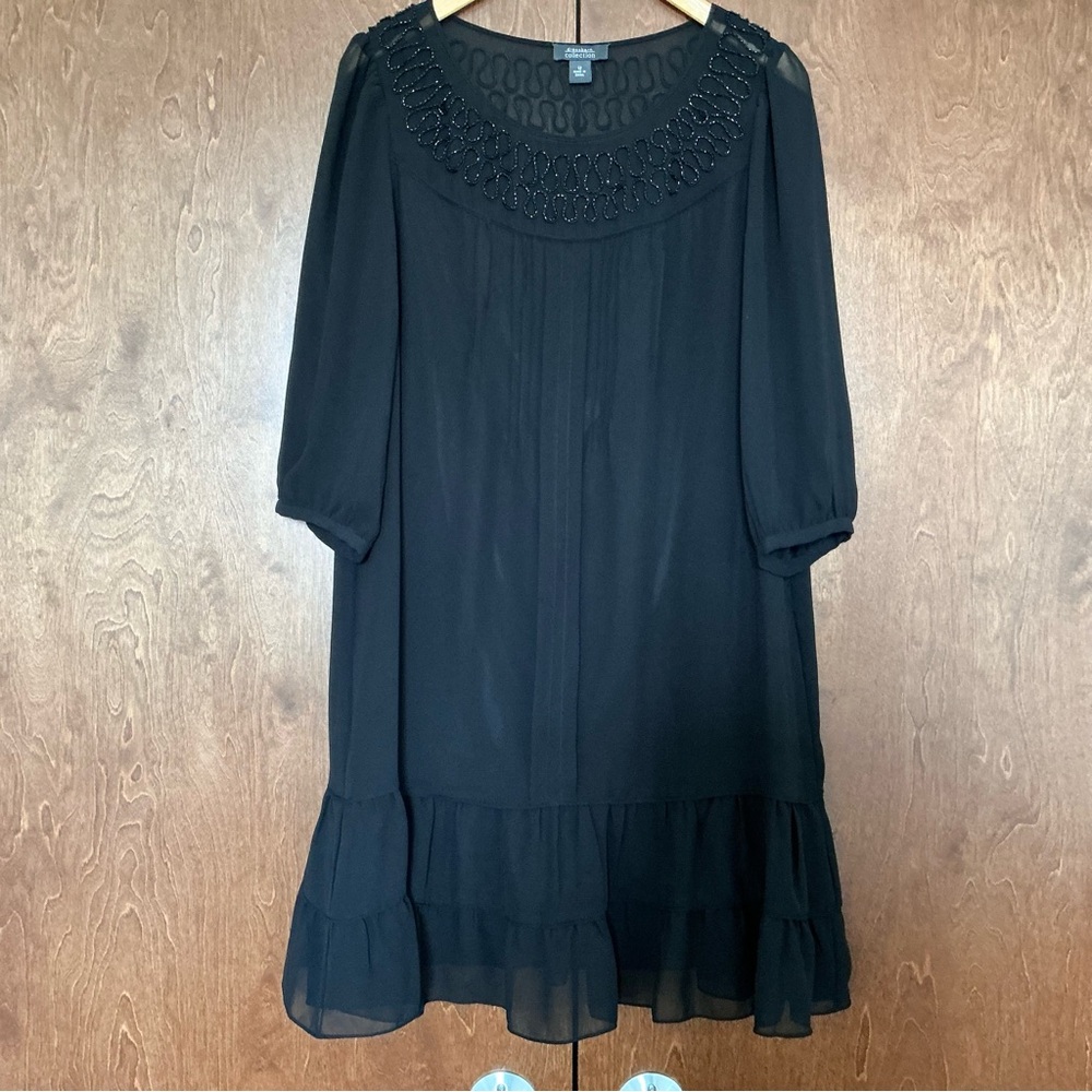 Womens Black Chiffon Dress Flowy Ruffle Hem Beaded Neckline Cocktail Event Sz 12